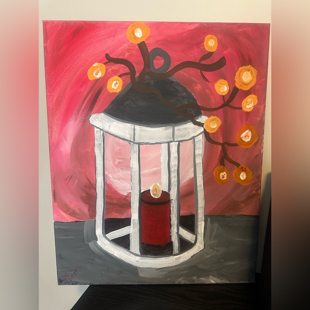 Abstract Lantern Painting with Red and Pink Tones